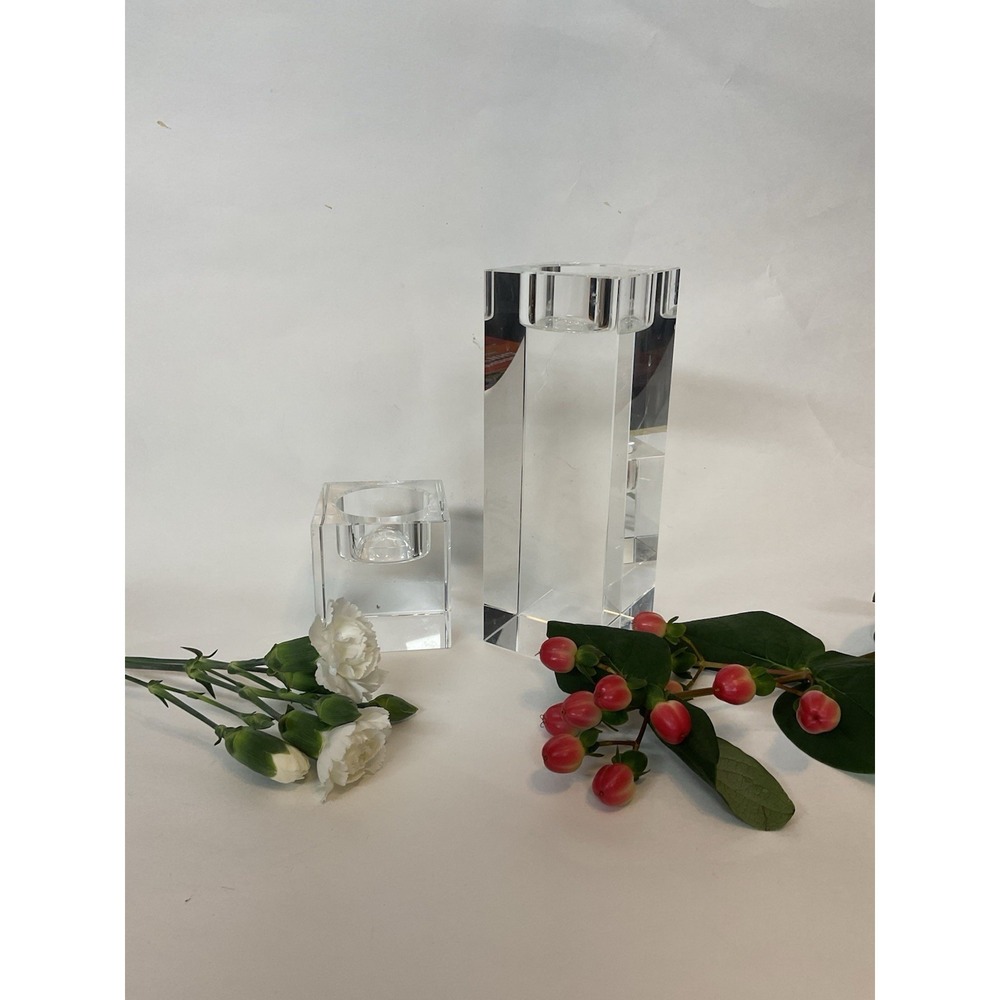 Vintage Mid Century Glass‎ Crystal Clear Ice Cube Design Candle Holders